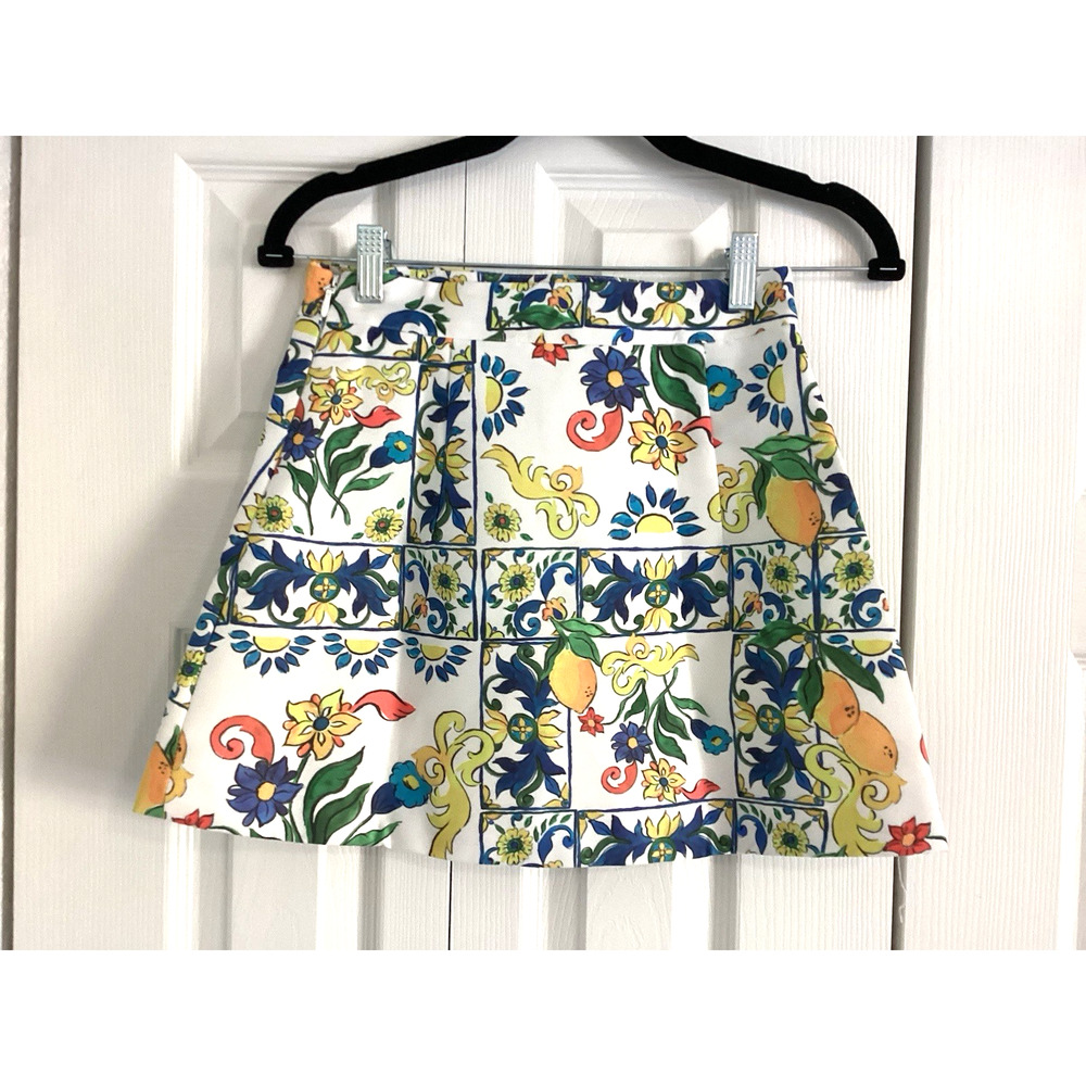 Showpo White Mini Skirt with Blue Floral & Yellow Lemon Tile Print
